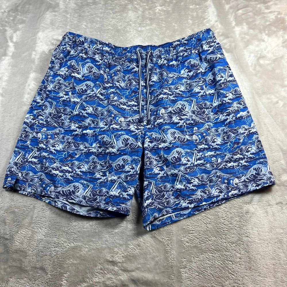 Peter Millar Men's XL Swim Trunks Blue Wave Rum Print Board Shorts